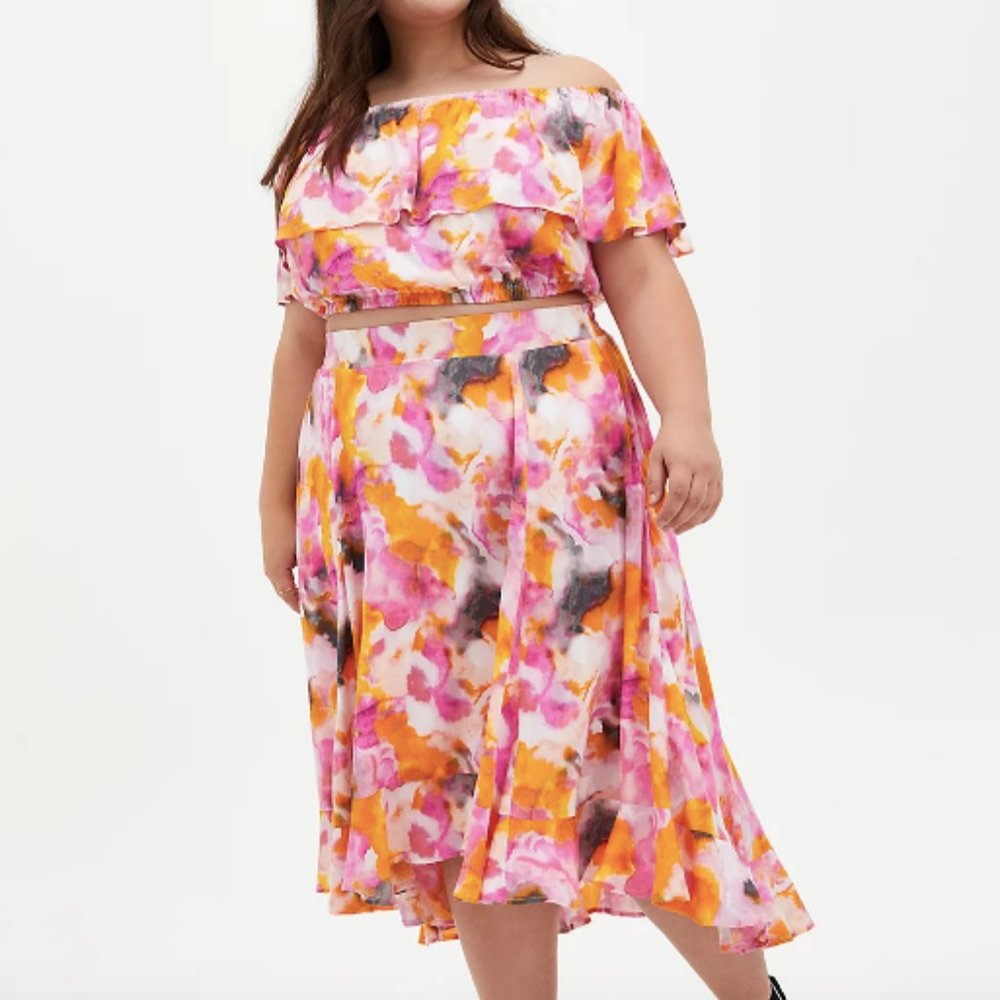 Torrid Multi Watercolor Tie-Dye Off the Shoulder Skirt Set 2X